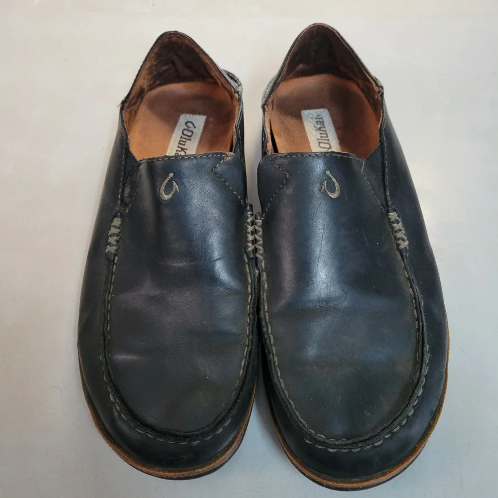 OluKai Moloa Mens Black Leather Slip On Loafers Drop In Heel 10128-4033 Size 9.5